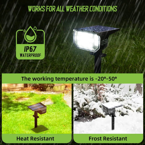Super Bright 50 LED Solar Spotlight Outdoor Lights With 2in1 Design showing IP67 waterproof and weather-resistant features