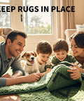 Family using Heavy Duty Hook And Loop Tape 20 Pack 1x4 Inch Double Sided Fastener Strips to secure green rug