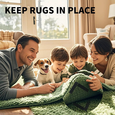 Family using Heavy Duty Hook And Loop Tape 20 Pack 1x4 Inch Double Sided Fastener Strips to secure green rug