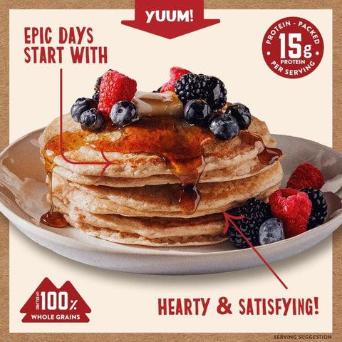 Stack of pancakes with berries and syrup, Protein Pancake Power Cakes Buttermilk Mix Pack Of 6 Non GMO Flapjack And Waffle Breakfast Mix