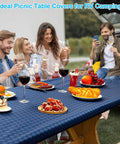 Waterproof Picnic Table Cover With Elastic Edges For 72 Inch Table And 72 Inch Benches Built In Storage Pocket in outdoor use.