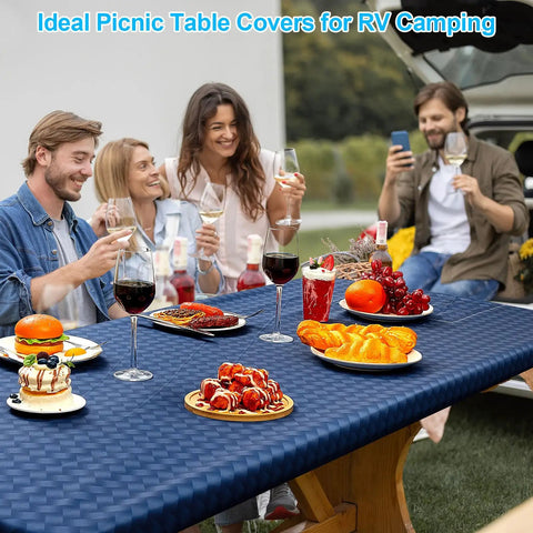 Waterproof Picnic Table Cover With Elastic Edges For 72 Inch Table And 72 Inch Benches Built In Storage Pocket in outdoor use.