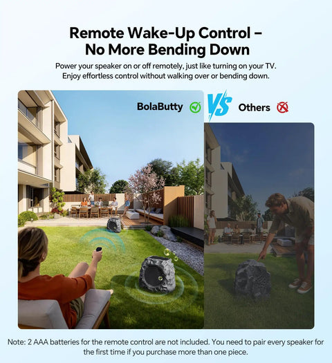 Person using remote to control Outdoor Rock Speaker With 60W Deep Bass And Remote Control IPX7 Waterproof Solar Powered Bluetooth Speaker For Poolside Party Ready Garden And Patio Multi Sync Up To 100 Units Two Pack in garden