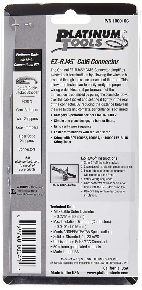 Back of EZ-RJ45 Cat 6 Plus Connectors Kit packaging showing product details and technical specifications