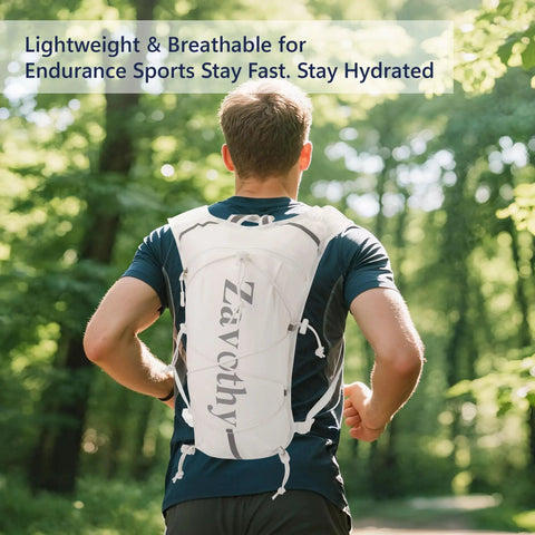 Runner wearing Ultra Lightweight Hydration Backpack For Women With 1.5L BPA Free Water Bladder No Bounce Fit Reflective Straps