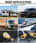 Collage showing 4 Piece Pure Copper Battery Terminal Clips For Top Post Batteries Positive And Negative Cable Connectors in use in vehicles