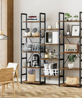 Triple Column Five Tier Bookshelf With Fourteen Open Display Shelves Rustic Industrial Style Modern Bookcase in living room setup
