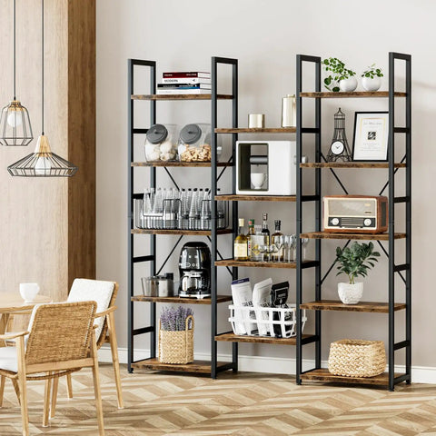 Triple Column Five Tier Bookshelf With Fourteen Open Display Shelves Rustic Industrial Style Modern Bookcase in living room setup