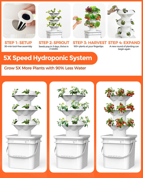 18 Plant Hydroponic Growing System Kit With Tower Indoor Garden 10 Liter Large Capacity Water Tank Circulation For Soilless Veggies And Fruits 3 Tiers For Fast 30 Day Harvest displayed in growth stages