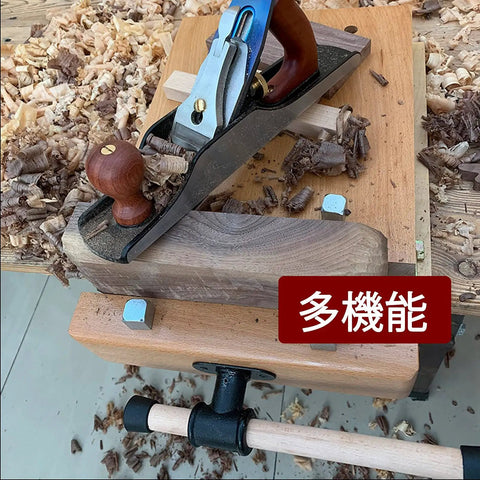 Heavy Duty Woodworking Tabletop Vise Kit For Small Shops And Home Garages With Deep 19.7 Inch Reach on workbench with wood shavings