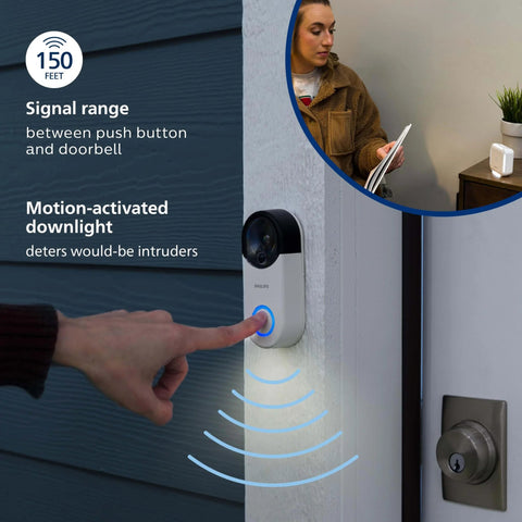 Wireless Security Doorbell Kit With Realistic Decoy Cam And Motion Activated Light, 150 Feet Range, 32 Chime Sounds And Four Volume Levels, White Easy Setup For Any Home Or Office, shown installed beside door with a person inside.