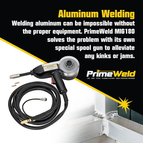 Spool gun for MIG Welder 180 Amp Wire Feed With Dual Voltage 220V And 110V with focus on aluminum welding capabilities.