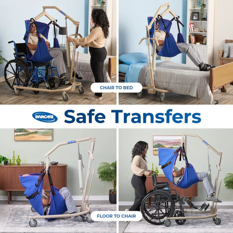 Lightweight Hydraulic Patient Lift Built Tough Yet Easy On The Hands With A Steady 450 Lb Capacity and Smooth Bent Mast for Safer Floor To Bed Transfers Plus Padded Swivel Seat in use.