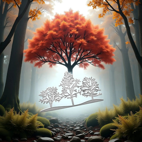 Silver Tree Metal Die Cuts Set For Card Making And Scrapbooking in a forest scene with vibrant autumn tree backdrop, 3-piece design.