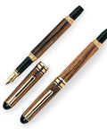 DIY Screw Cap Fountain Pen Kit with European style bushing and 24k gold plating, wood finish, two fountain pens shown.