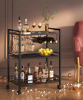 Sleek Black Three Tier Bar Cart With Smooth Rolling Lockable Wheels And Top Shelf Storage, showcasing drinks and glasses.