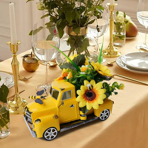 Metal Truck Decor With Sunflowers And Bees, Large Vintage Pickup Table Centerpiece For Living Room Or Kitchen, Yellow Fall Farmhouse Decor, Rustic Home Accent on dining table.