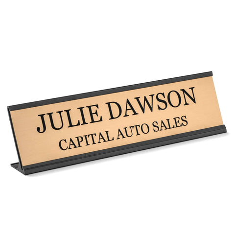 Custom Desk Name Plate With Aluminum Holder For Office Signage, Two Lines Of Laser Engraved Text, 2 Inch By 8 Inch, Desk Mount View
