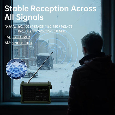 Emergency Solar Radio With Hand Crank And 12000mAh Battery Pack, NOAA AM FM Weather Radio on window ledge with snowy background