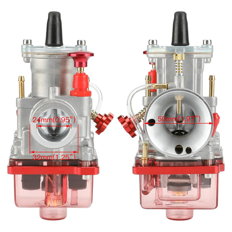 Front and side view of 24mm PWK Carburetor Intake Manifold Kit For Predator 212cc and 196cc engines, detailed measurements shown.