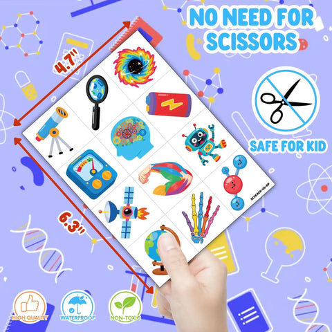 Science Party Favors Kit With 24 18 Inch Punch Balloons And 48 Pre Cut Temporary Tattoos featuring colorful science designs