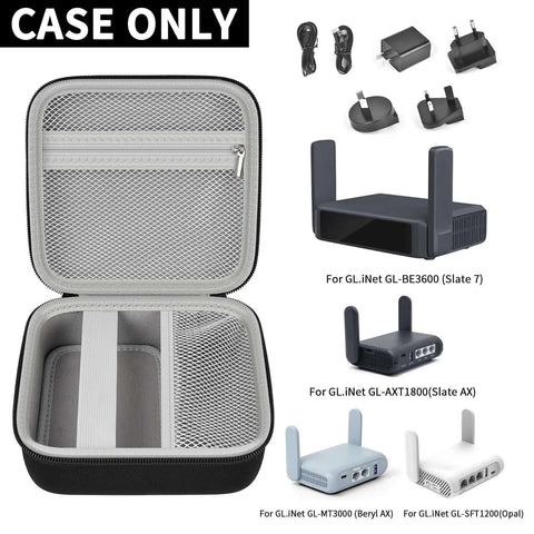 Slick Clutch Hard Shell Case For Travel Routers With Snug Mesh Pocket And Heavy Duty Zipper For Gl Mt3000 Gl Be3600 Portable Wifi Hotspot Organizer Box Black, open view with mesh pocket and secure straps