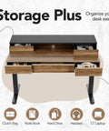 48 Inch Standing Desk With Drawers And Monitor Shelf Electric Height Adjustable Sit Stand Desk With Storage Whole Piece Board Black Walnut Finish Sturdy Steel Frame For Home Office, displaying five open drawers with office items.