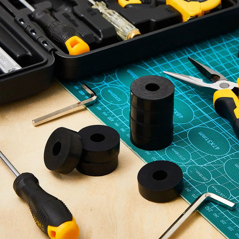 All In One Rubber Spacer Set With 1 Inch Outer Diameter, 3/8 Inch Inner Diameter, 1/2 Inch Thick Black Round Washers