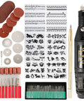 Totally Versatile 108 Piece Engraving Tool Kit, Electric Corded Micro Engraver Etching Pen with accessories and stencils displayed