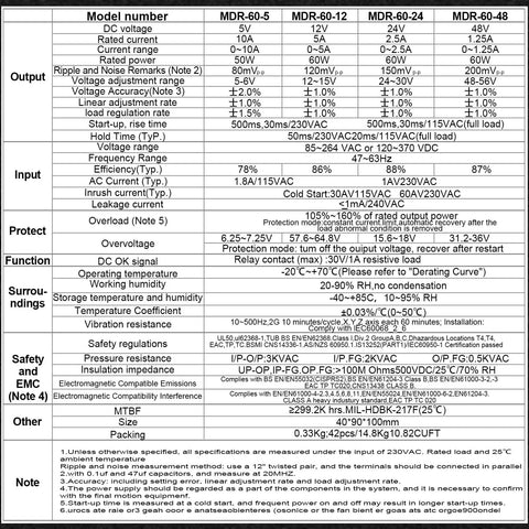 Specification table for MDR-60 model series with input, output, protection, functions, and dimensions details.
