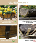 Comparison of Two Pack Rustic Barrel Planters With Legged Design versus traditional wooden planters, highlighting durability and rust resistance.