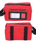 Red Lockout Tagout Kit Bag For Loto Devices, Heavy Duty Polyester Organizer with visible display, front and back view.