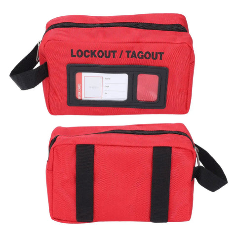Red Lockout Tagout Kit Bag For Loto Devices, Heavy Duty Polyester Organizer with visible display, front and back view.