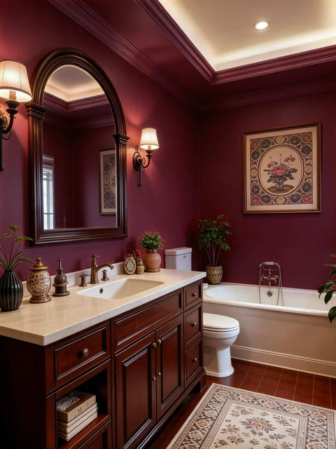 Retro Red Peel And Stick Wallpaper For Kitchen Cabinets And Accent Walls Removable Self Adhesive Vinyl Contact Paper Renter Friendly No Mess Setup For A Quick Home Refresh in a bathroom with dark red walls.