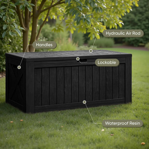 120 Gallon Resin Deck Box Waterproof Outdoor Storage Box For Patio Furniture, Garden Tools And Pool Gear, Black with handles and lock