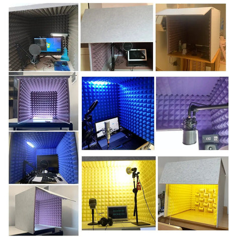 Portable Vocal Booth Cover Featuring High Density Sound Absorbing Foam Panels, Desktop Recording Rig in various colors and setups.