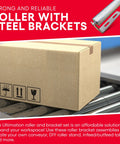 Cardboard box on a conveyor with 2 Pack Galvanized Steel Conveyor Rollers With Brackets, 22 Inch Roller Set For Conveyors.