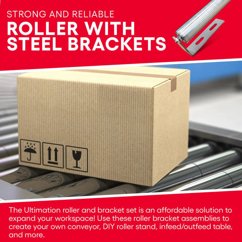 Cardboard box on a conveyor with 2 Pack Galvanized Steel Conveyor Rollers With Brackets, 22 Inch Roller Set For Conveyors.