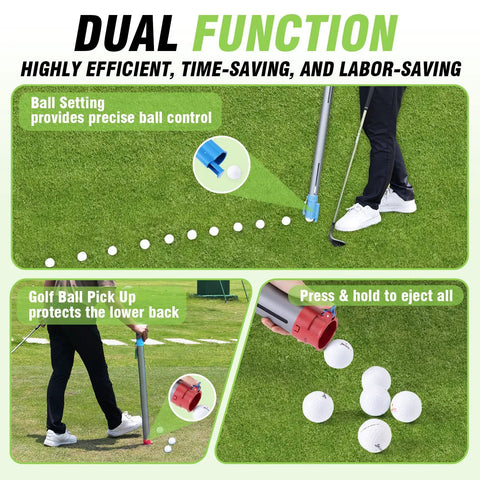 Lightweight Aluminum Golf Ball Picker Tube for Easy Ball Retrieval and Placement displayed on grass with ball setting and pickup.