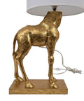 Distressed Gold Giraffe Table Lamp With White Linen Shade, Playful Resin Animal Accent Light, 27.75 Inch Tall