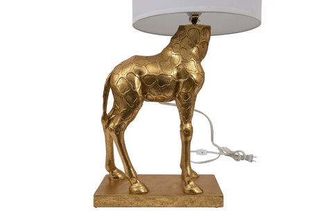 Distressed Gold Giraffe Table Lamp With White Linen Shade, Playful Resin Animal Accent Light, 27.75 Inch Tall