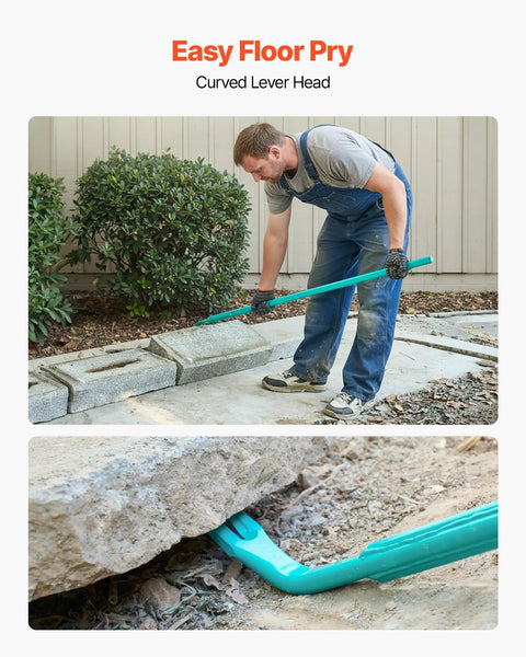 Man using Monster Pry Bar With 52.5 Inch Carbon Steel Handle For Demolition And Concrete Teardown Heavy Duty Crowbar 2000lbs Prying Capacity Floor Demo Tool Ideal For Construction And Industrial Use on concrete slab.