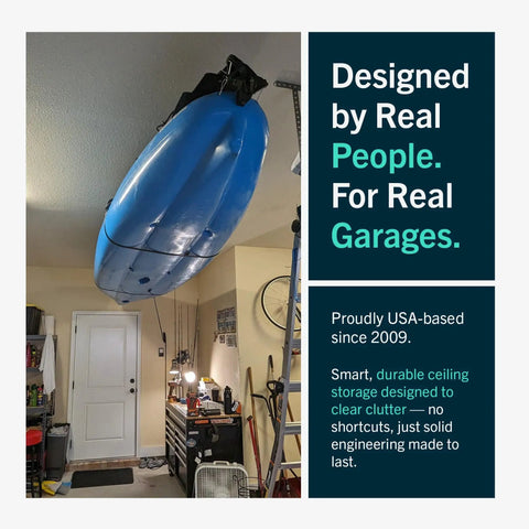 Kayak And Canoe Ceiling Hoist For Garage Storage, Heavy Duty Pulley System With Adjustable Straps, Overhead Rack Installed