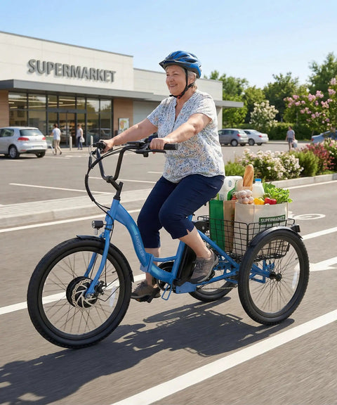 Folding Electric Tricycle For Adults With 600W Peak Power, 24 Inch Wheels, 499Wh Battery, 3 Wheel Mobility Bike For Seniors, LCD Display, Removable Battery, Rear Differential, Basket, Up To 15.5 MPH, rider with groceries