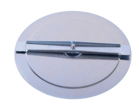 Pro Grade Metal Knockout Seal 4 Inch Conduit Size Self Centering Embossed Plate 16 Gauge Galvanized Steel Rust Resistant Three Eighths Inch Thread For Knockout Punch Die Pack of 10, showing top view of the round galvanized steel seal with embossed design.