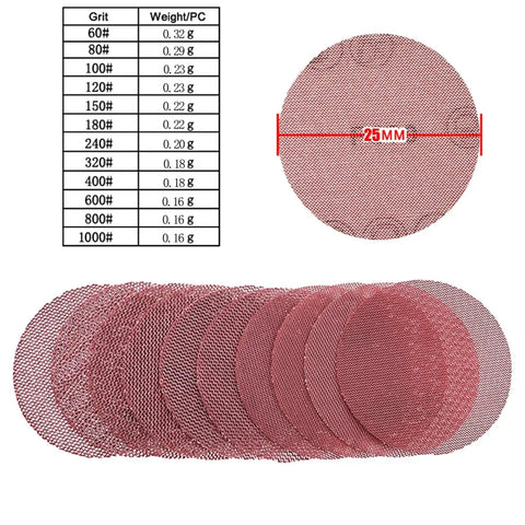 Heavy Duty 1 Inch 25mm Mesh Hook Loop Sanding Discs With Super Fine To Rough Grits From 60 All The Way To 1000, showing different grit sizes.