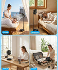 Boss Level All In One Portable Oscillating Fan with Eight Inch Head used in cruise, bedroom, office, and travel setups.