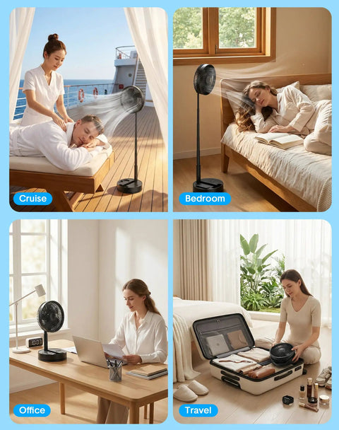 Boss Level All In One Portable Oscillating Fan with Eight Inch Head used in cruise, bedroom, office, and travel setups.