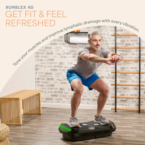 Man exercising on Rumblex 4D Vibration Plate Exercise Machine with Triple Motor Oscillation in home setting
