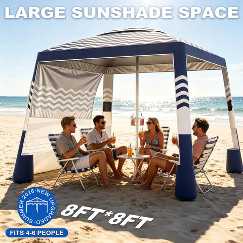 Group enjoying Beach Cabana Sun Shade Tent 8x8 Ft Portable Canopy With UPF 50 Plus Silver Coated Fabric Sandbags Side Wall Easy Setup Navy Stripes